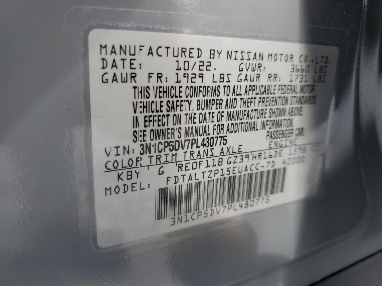2023 NISSAN KICKS SR VIN:3N1CP5DV7PL480775