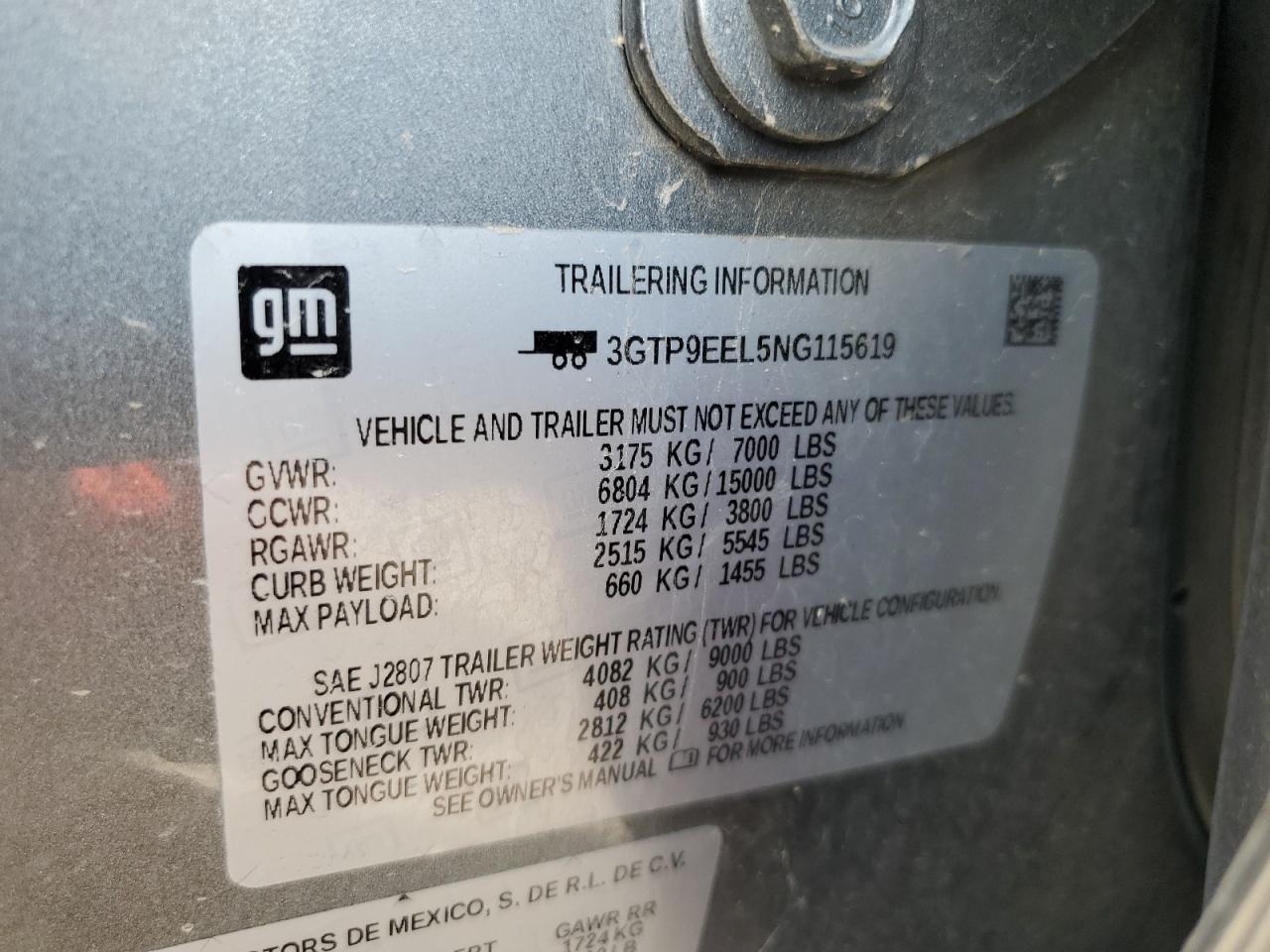 2022 GMC SIERRA LIMITED K1500 AT4 VIN:3GTP9EEL5NG115619