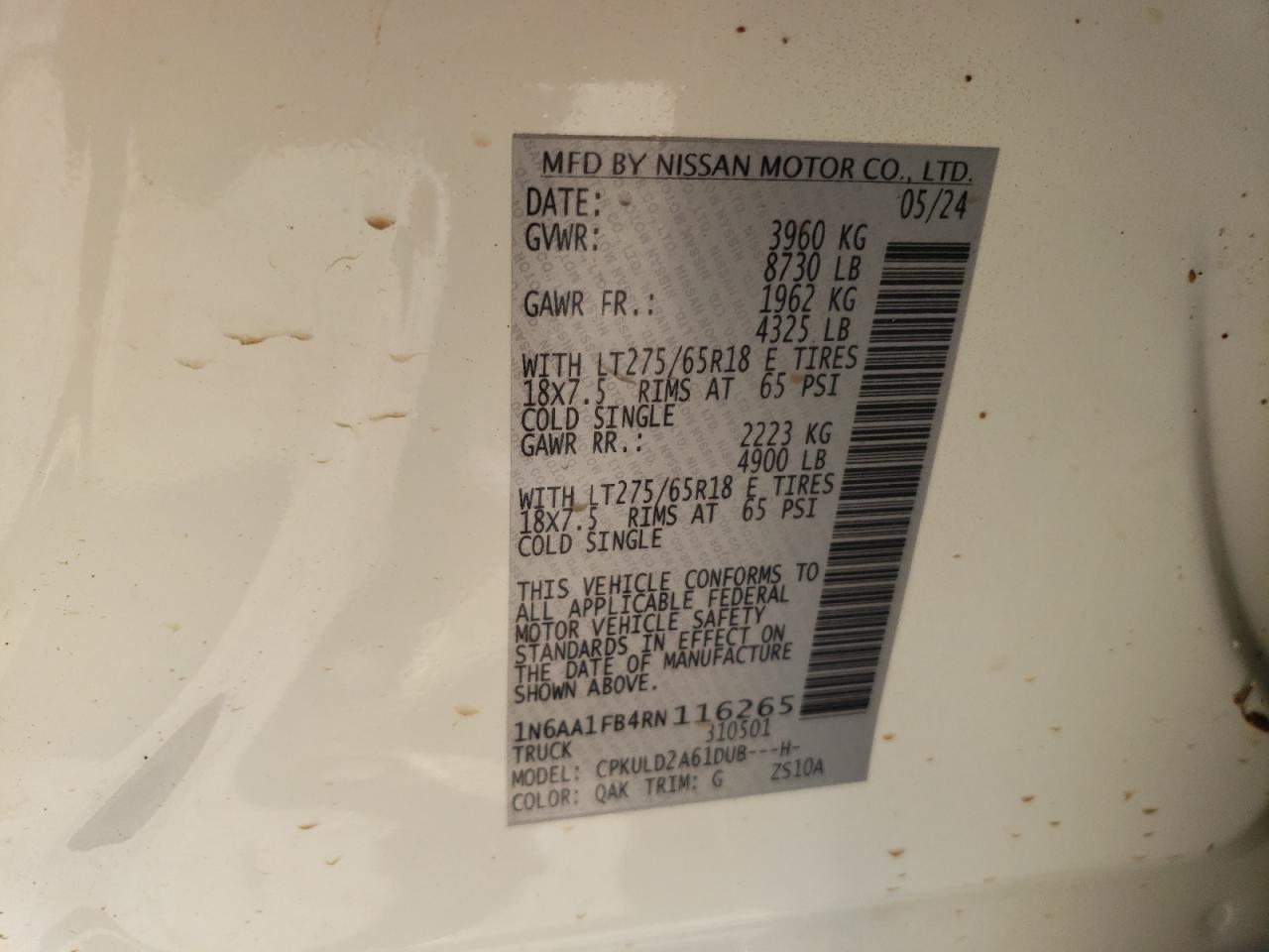 2024 NISSAN TITAN XD SV VIN:1N6AA1FB4RN116265