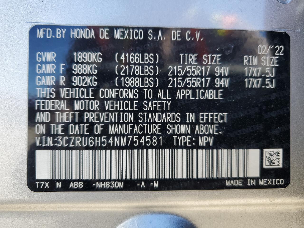 2022 HONDA HR-V EX VIN:3CZRU6H54NM754581