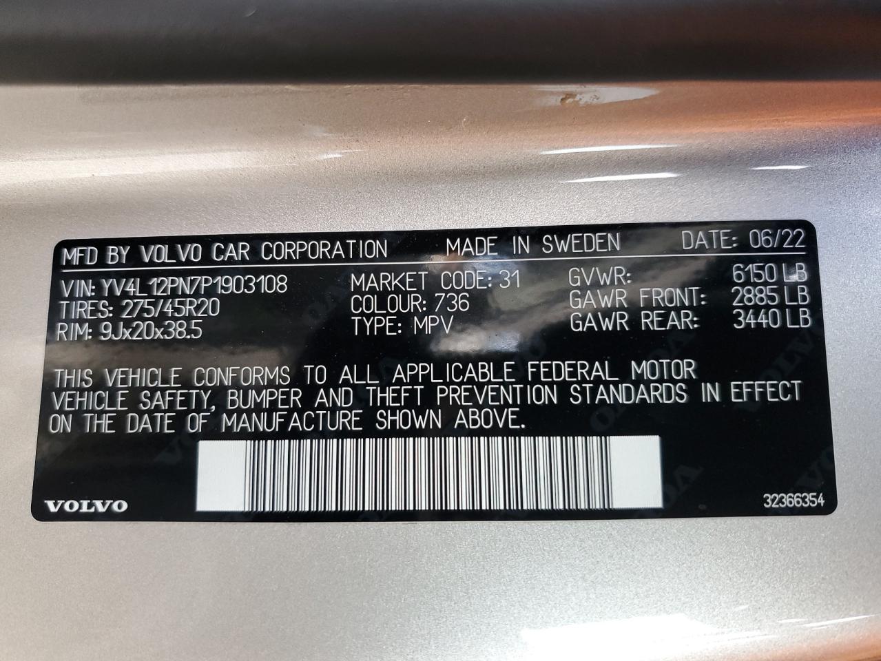 2023 VOLVO XC90 PLUS VIN:YV4L12PN7P1903108