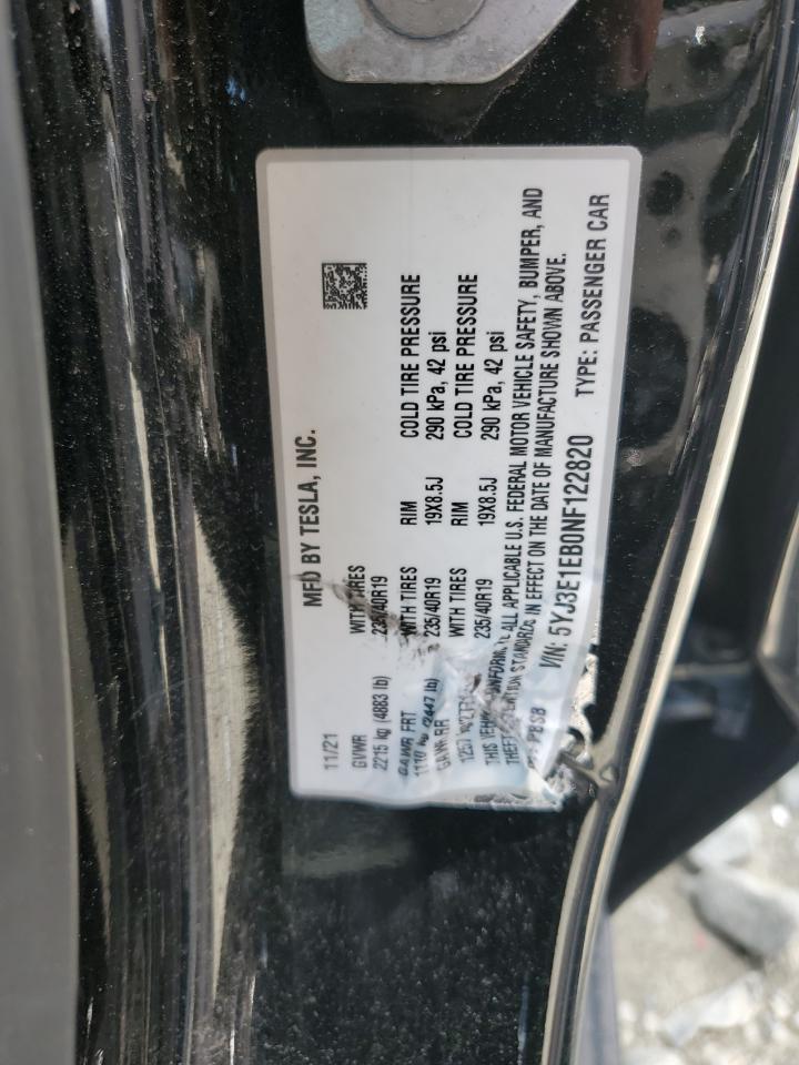 2022 TESLA MODEL 3  VIN:5YJ3E1EB0NF122820