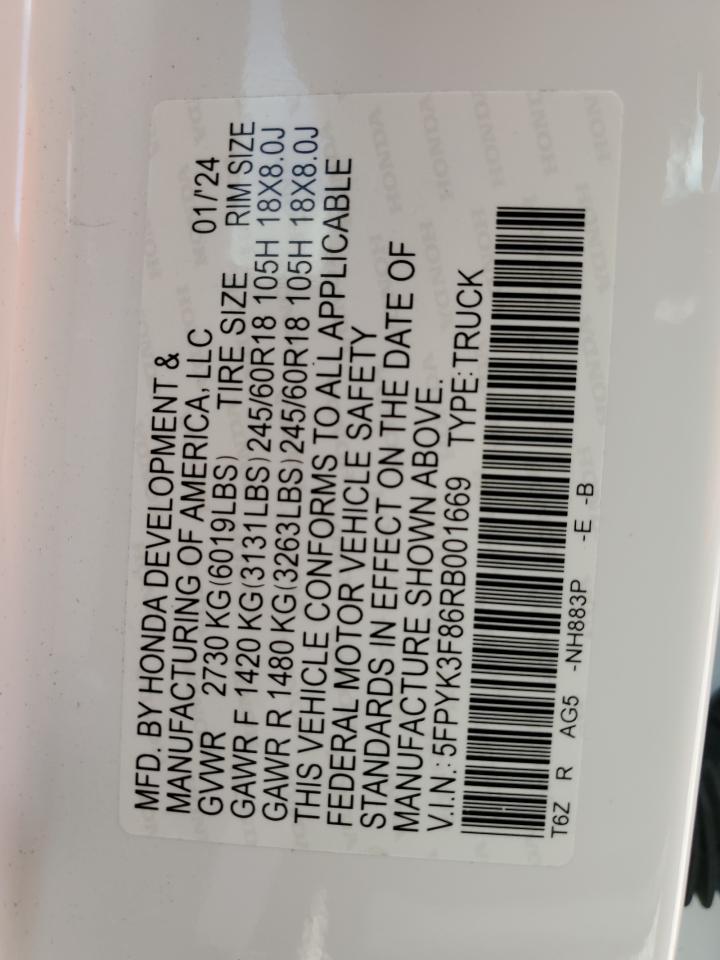 2024 HONDA RIDGELINE BLACK EDITION VIN:5FPYK3F86RB001669