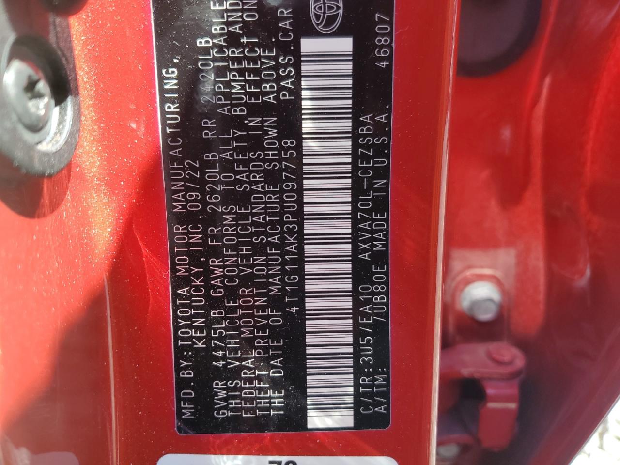 2023 TOYOTA CAMRY SE NIGHT SHADE VIN:4T1G11AK3PU097758