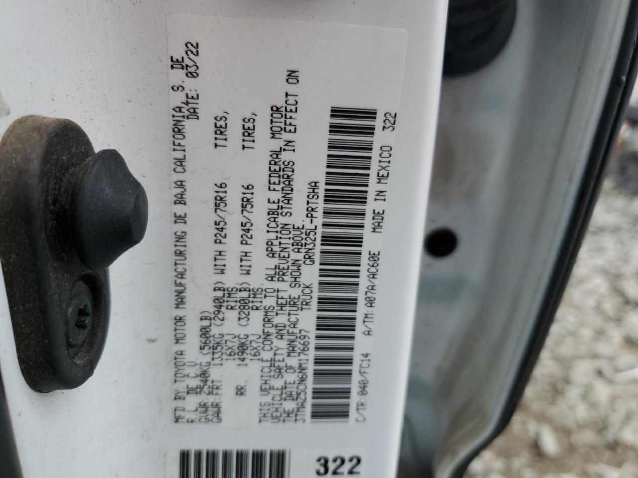 2022 TOYOTA TACOMA DOUBLE CAB VIN:3TMAZ5CN6NM176697