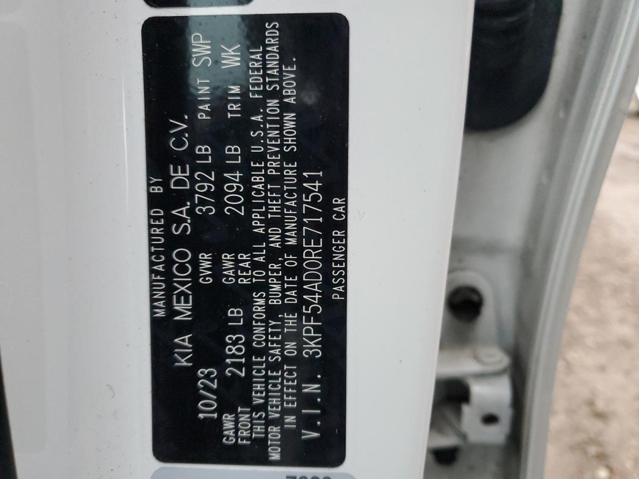 2024 KIA FORTE GT LINE VIN:3KPF54AD0RE717541