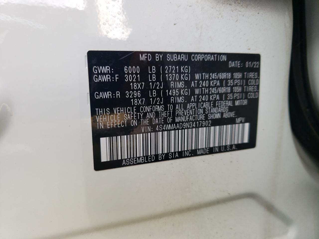 2022 SUBARU ASCENT  VIN:4S4WMAAD9N3417902