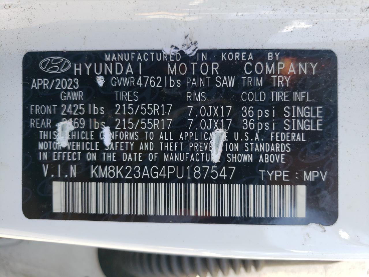 2023 HYUNDAI KONA SE VIN:KM8K23AG4PU187547