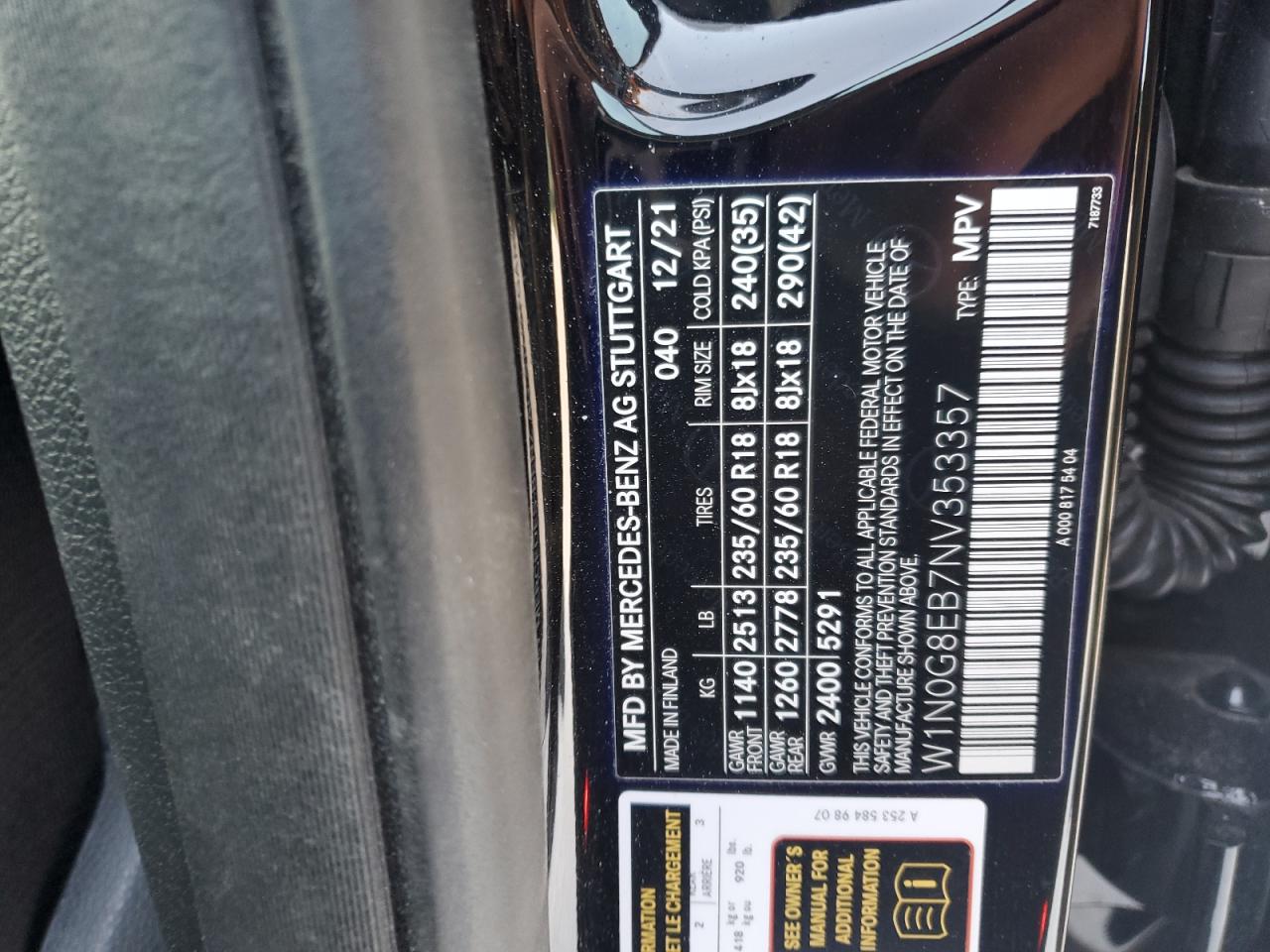 2022 MERCEDES-BENZ GLC 300 4MATIC VIN:W1N0G8EB7NV353357