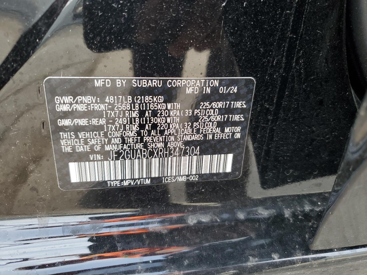 2024 SUBARU CROSSTREK  VIN:JF2GUABCXRH347304