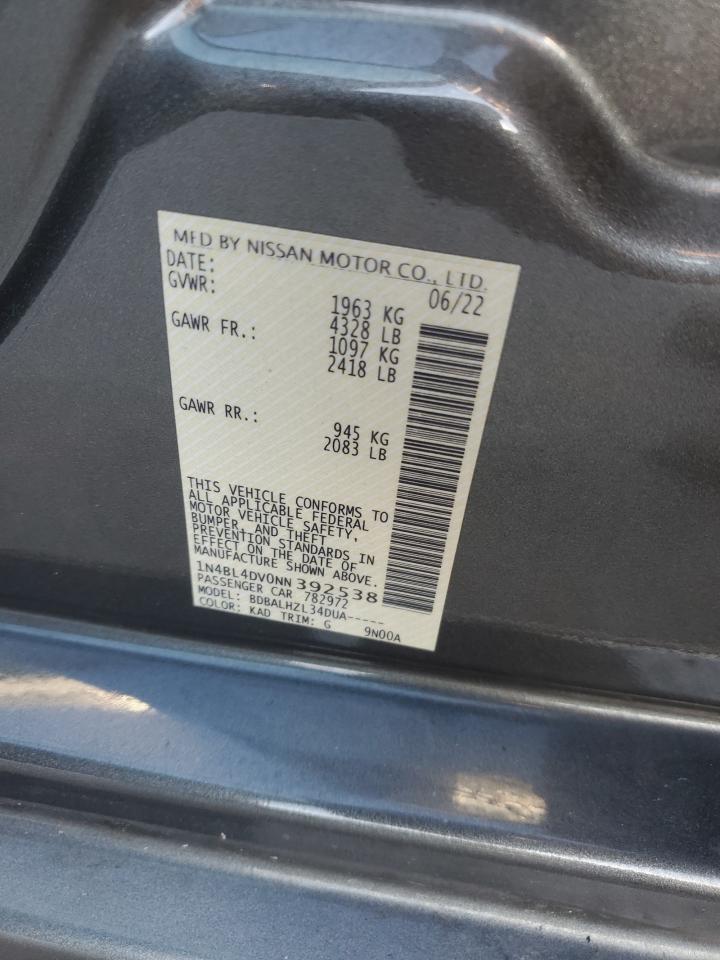 2022 NISSAN ALTIMA SV VIN:1N4BL4DV0NN392538