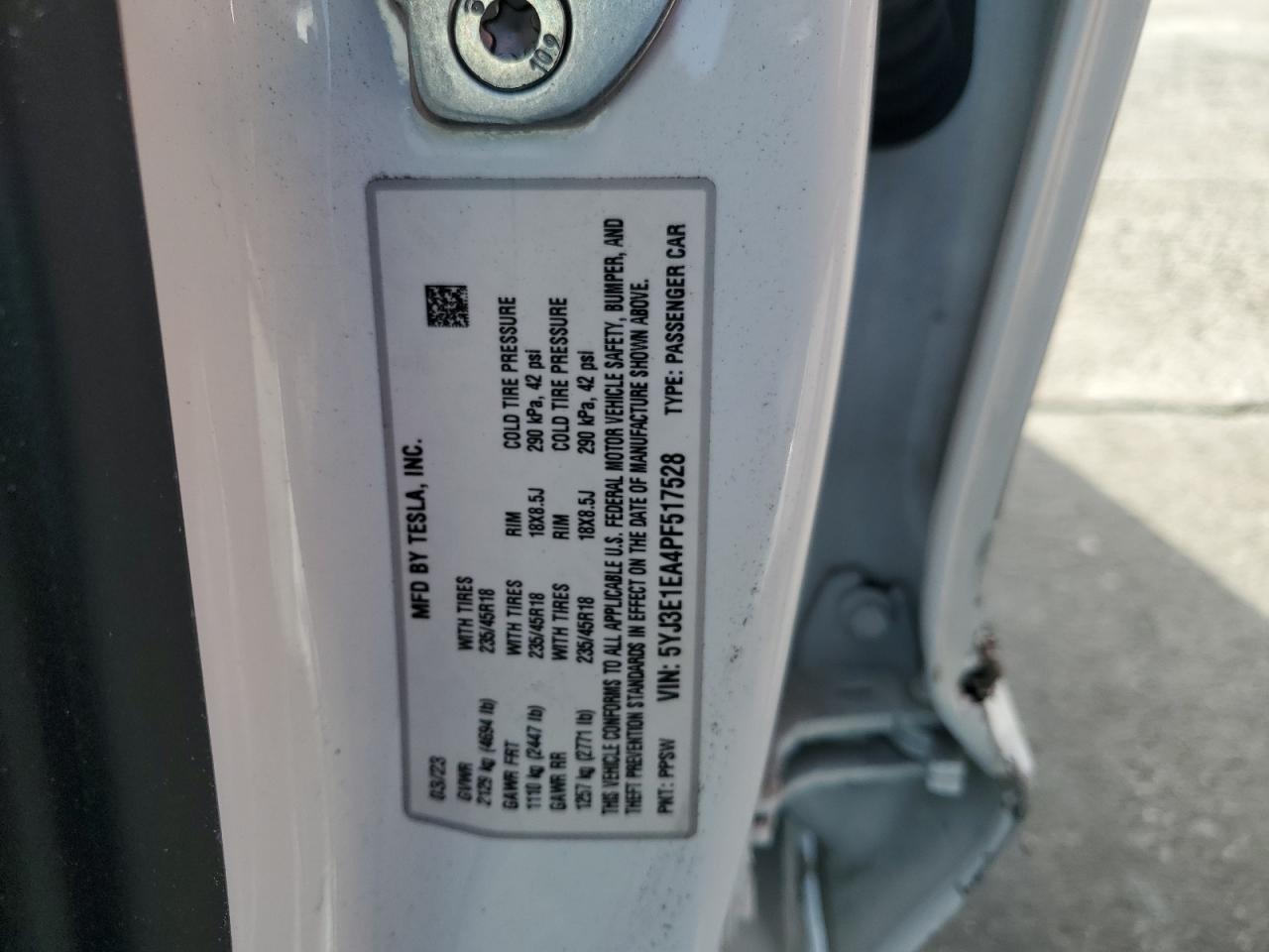2023 TESLA MODEL 3  VIN:5YJ3E1EA4PF517528