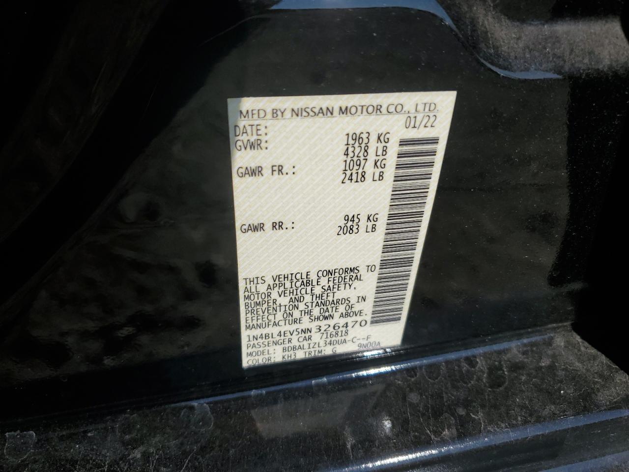 2022 NISSAN ALTIMA SL VIN:1N4BL4EV5NN326470