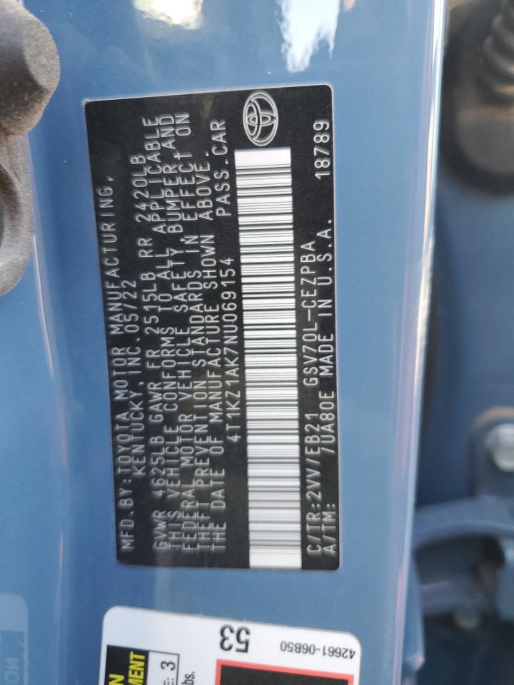 2022 TOYOTA CAMRY TRD VIN:4T1KZ1AK7NU069154