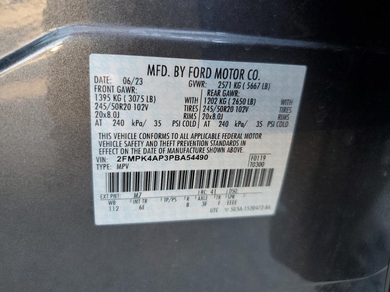 2023 FORD EDGE ST VIN:2FMPK4AP3PBA54490
