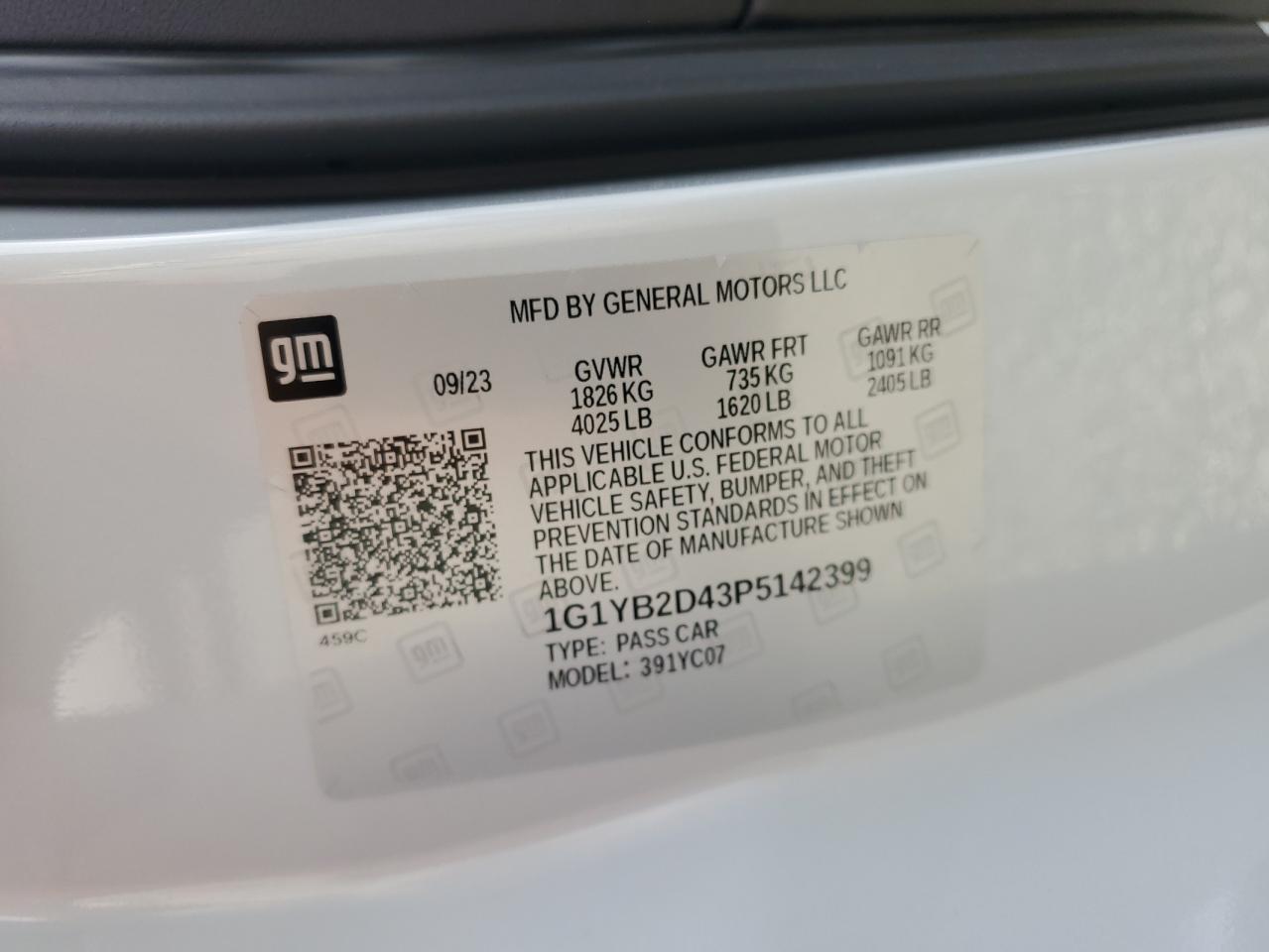 2023 CHEVROLET CORVETTE STINGRAY 2LT VIN:1G1YB2D43P5142399