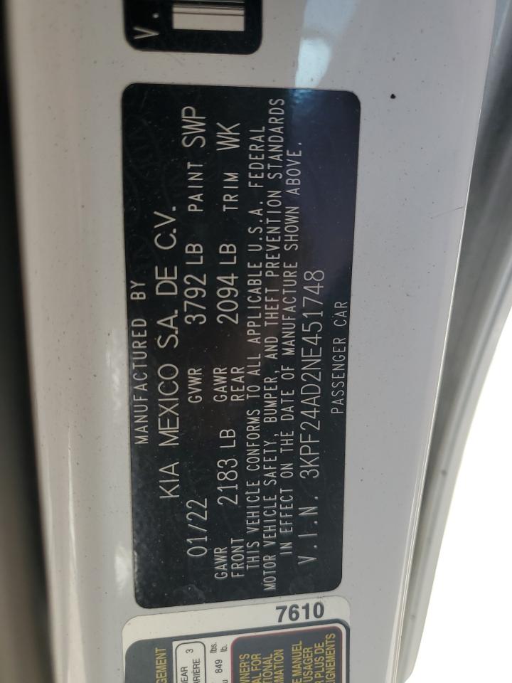 2022 KIA FORTE FE VIN:3KPF24AD2NE451748