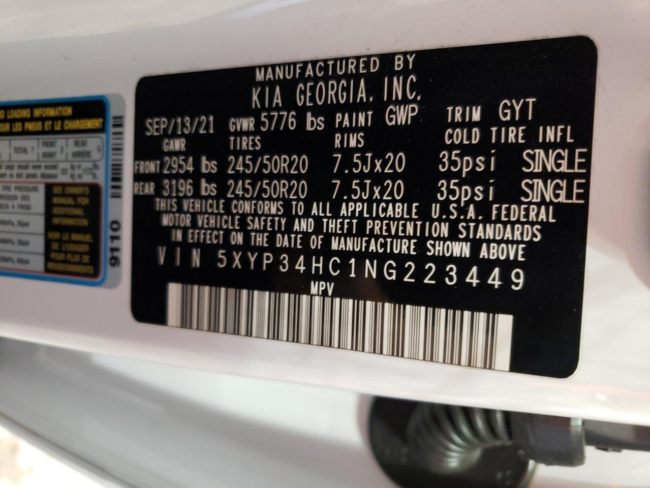2022 KIA TELLURIDE EX VIN:5XYP34HC1NG223449