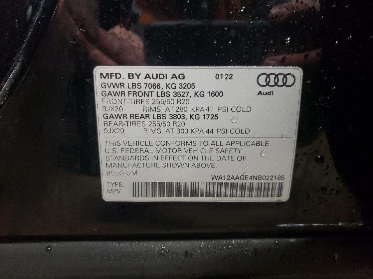 2022 AUDI E-TRON SPORTBACK PREMIUM PLUS VIN:WA12AAGE4NB022165