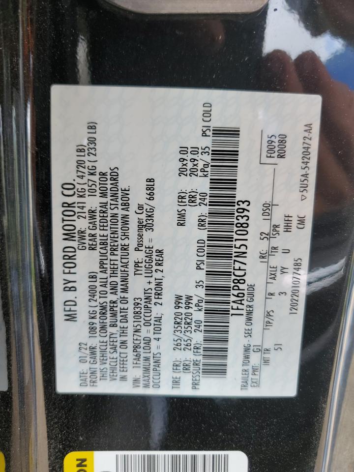 2022 FORD MUSTANG GT VIN:1FA6P8CF7N5108393