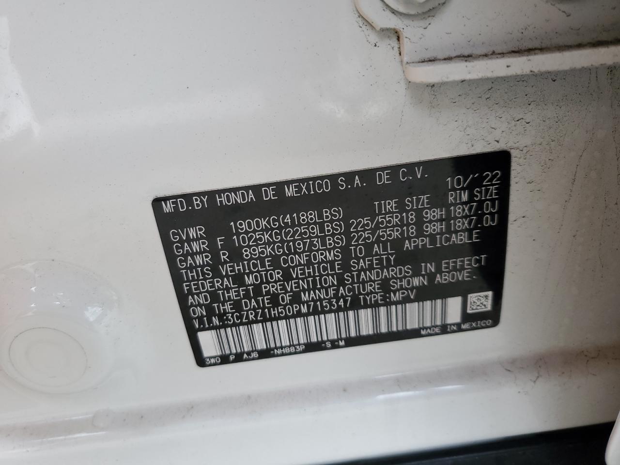 2023 HONDA HR-V SPORT VIN:3CZRZ1H50PM715347