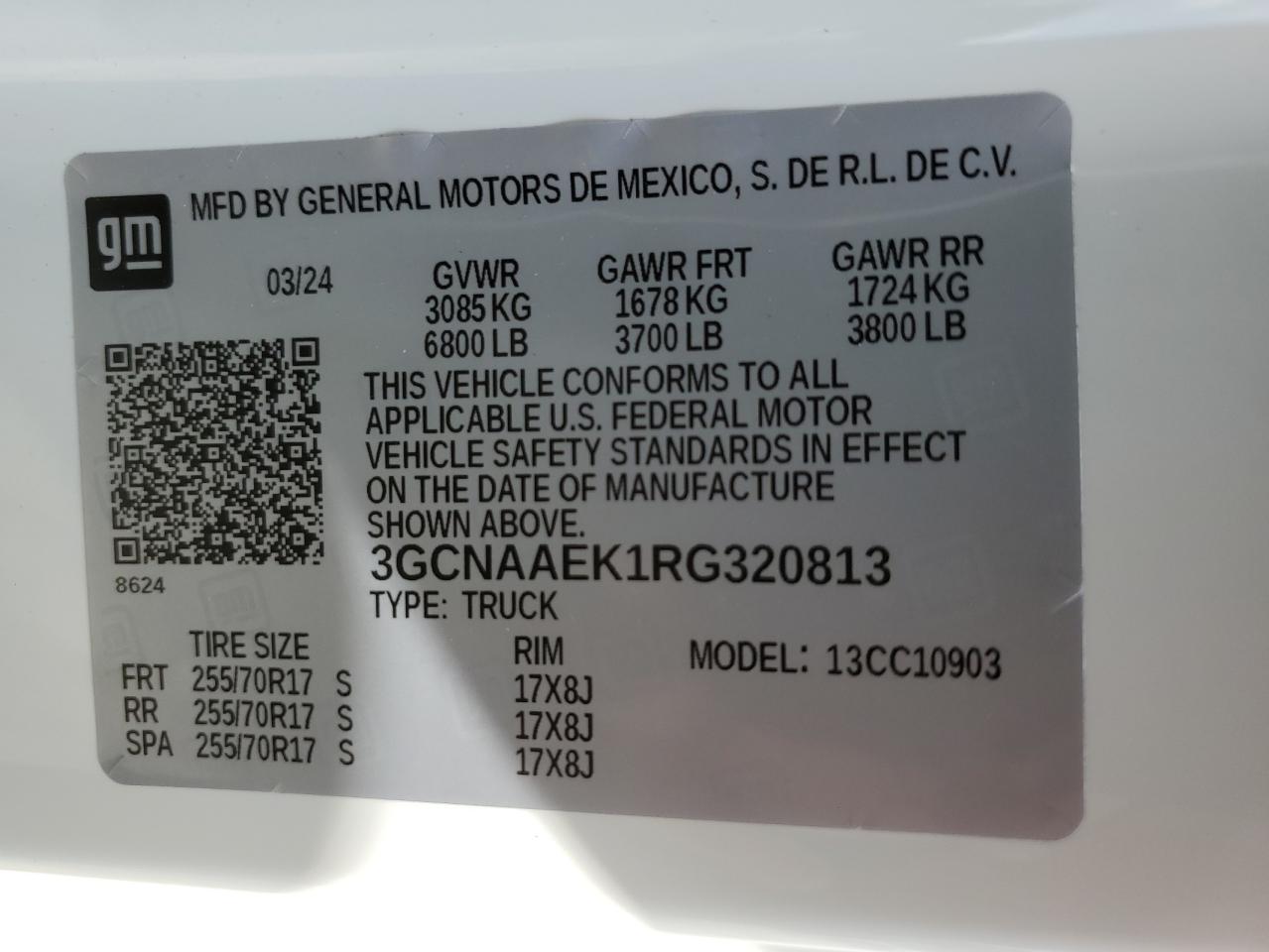 2024 CHEVROLET SILVERADO C1500 VIN:3GCNAAEK1RG320813