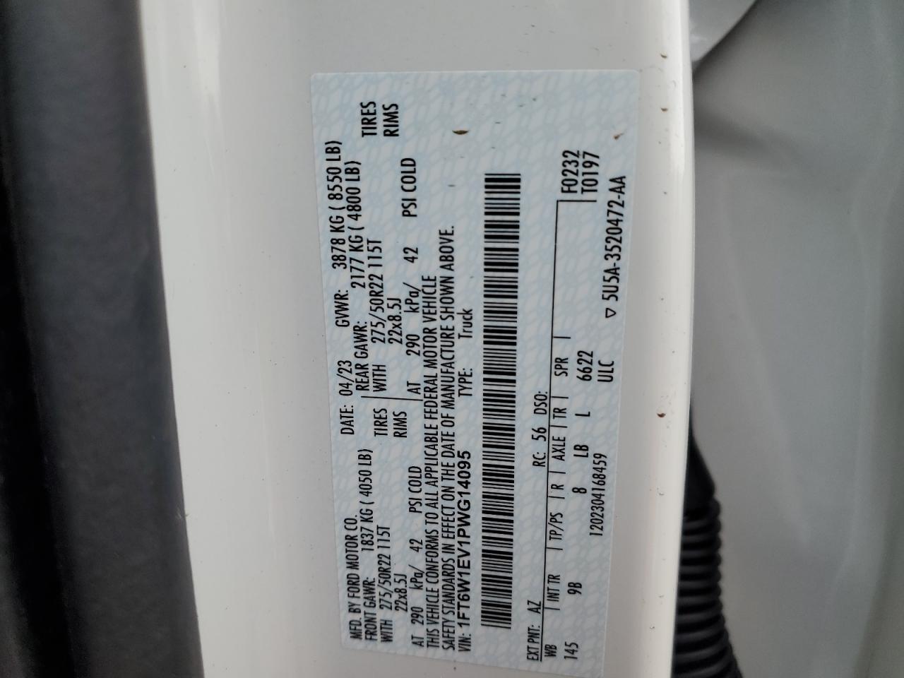 2023 FORD F150 LIGHTNING PRO VIN:1FT6W1EV1PWG14095