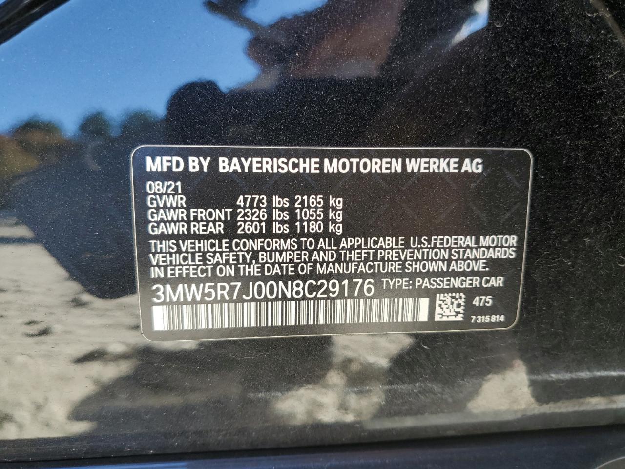 2022 BMW 330XI  VIN:3MW5R7J00N8C29176