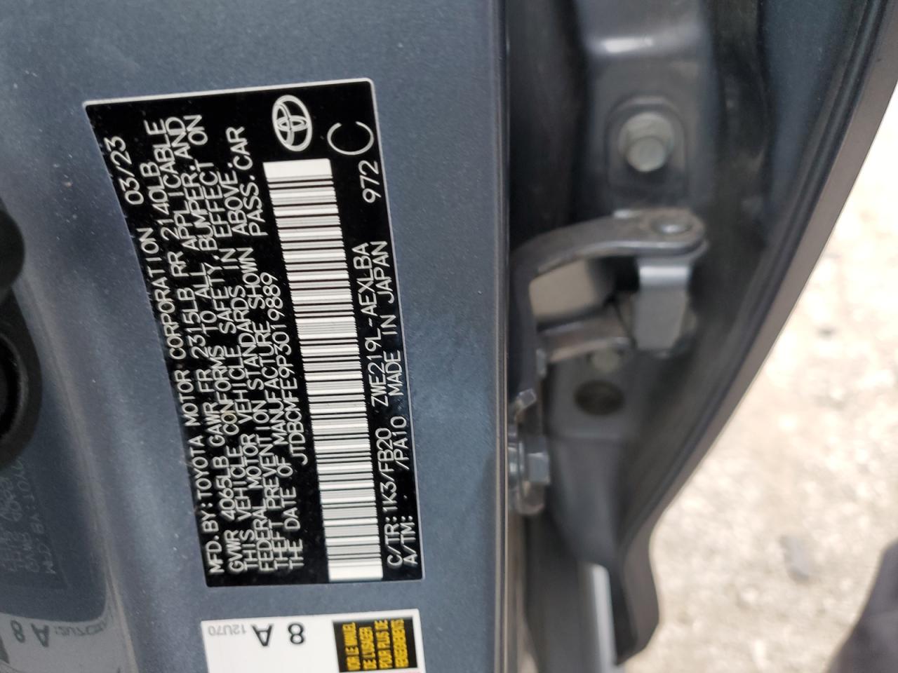 2023 TOYOTA COROLLA LE VIN:JTDBCMFE9P3019889