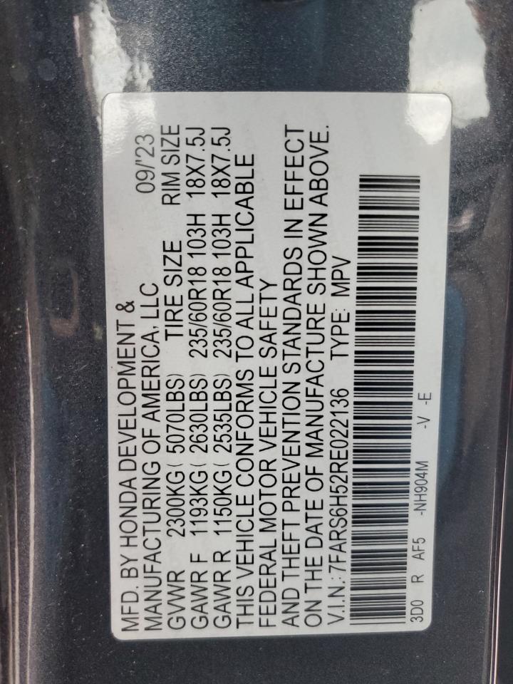 2024 HONDA CR-V SPORT VIN:7FARS6H52RE022136