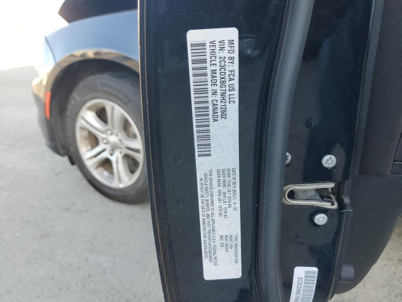 2022 DODGE CHARGER SXT VIN:2C3CDXBG7NH212602