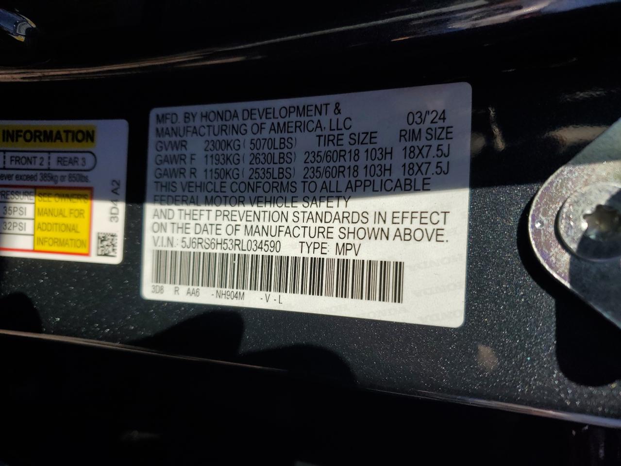 2024 HONDA CR-V SPORT VIN:5J6RS6H53RL034590