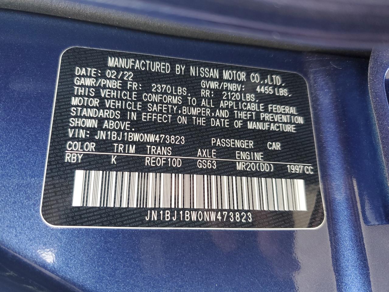 2022 NISSAN ROGUE SPORT SV VIN:JN1BJ1BW0NW473823