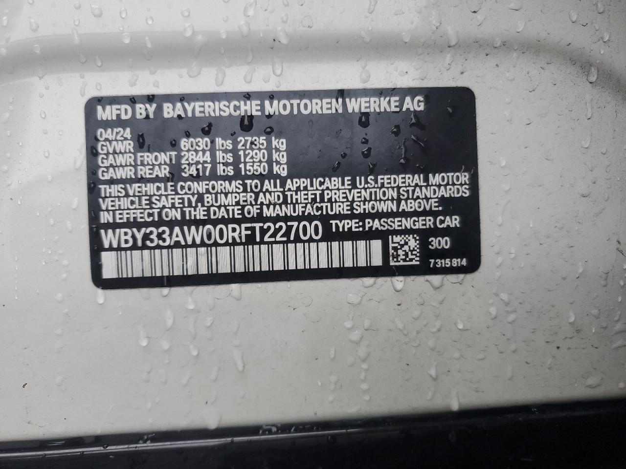 2024 BMW I4 M50 VIN:WBY33AW00RFT22700