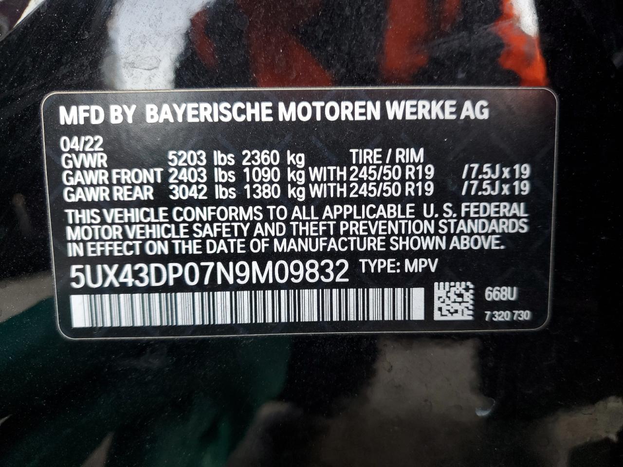 2022 BMW X3 SDRIVE30I VIN:5UX43DP07N9M09832