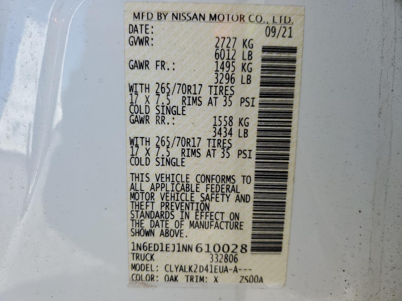 2022 NISSAN FRONTIER S VIN:1N6ED1EJ1NN610028