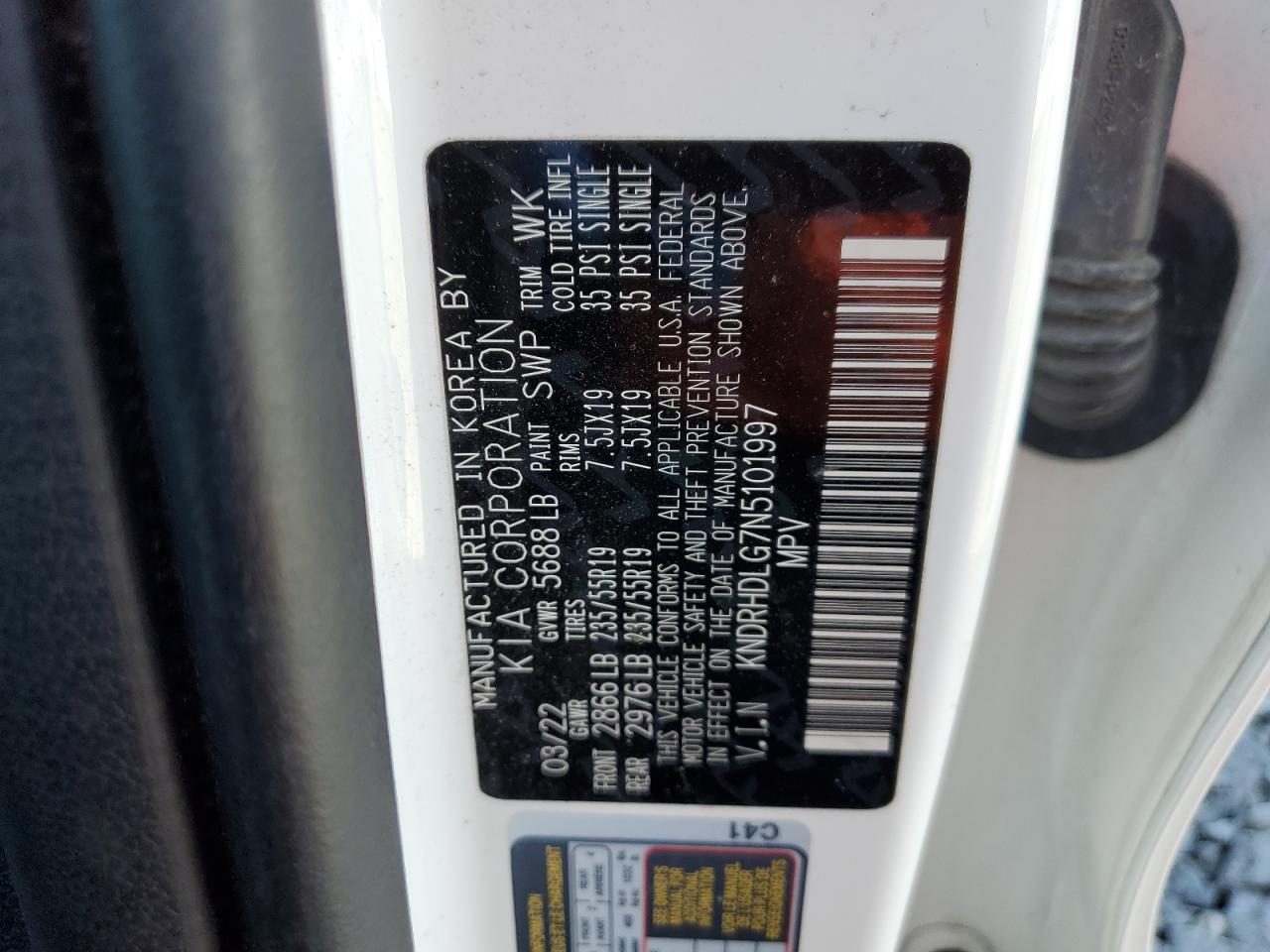 2022 KIA SORENTO EX VIN:KNDRHDLG7N5101997
