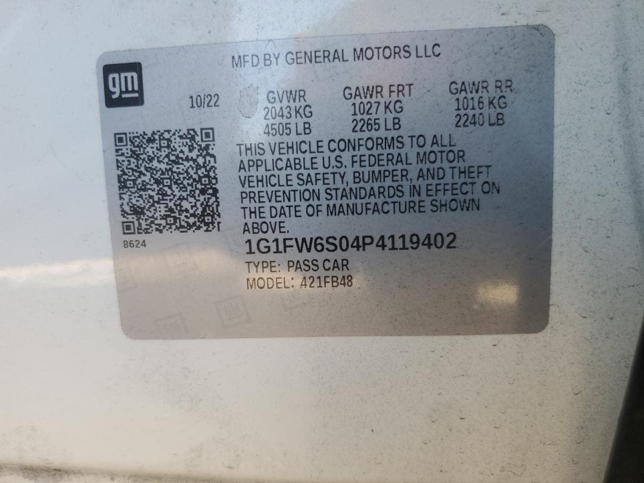 2023 CHEVROLET BOLT EV 1LT VIN:1G1FW6S04P4119402