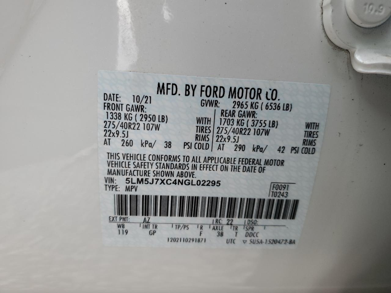 2022 LINCOLN AVIATOR RESERVE VIN:5LM5J7XC4NGL02295