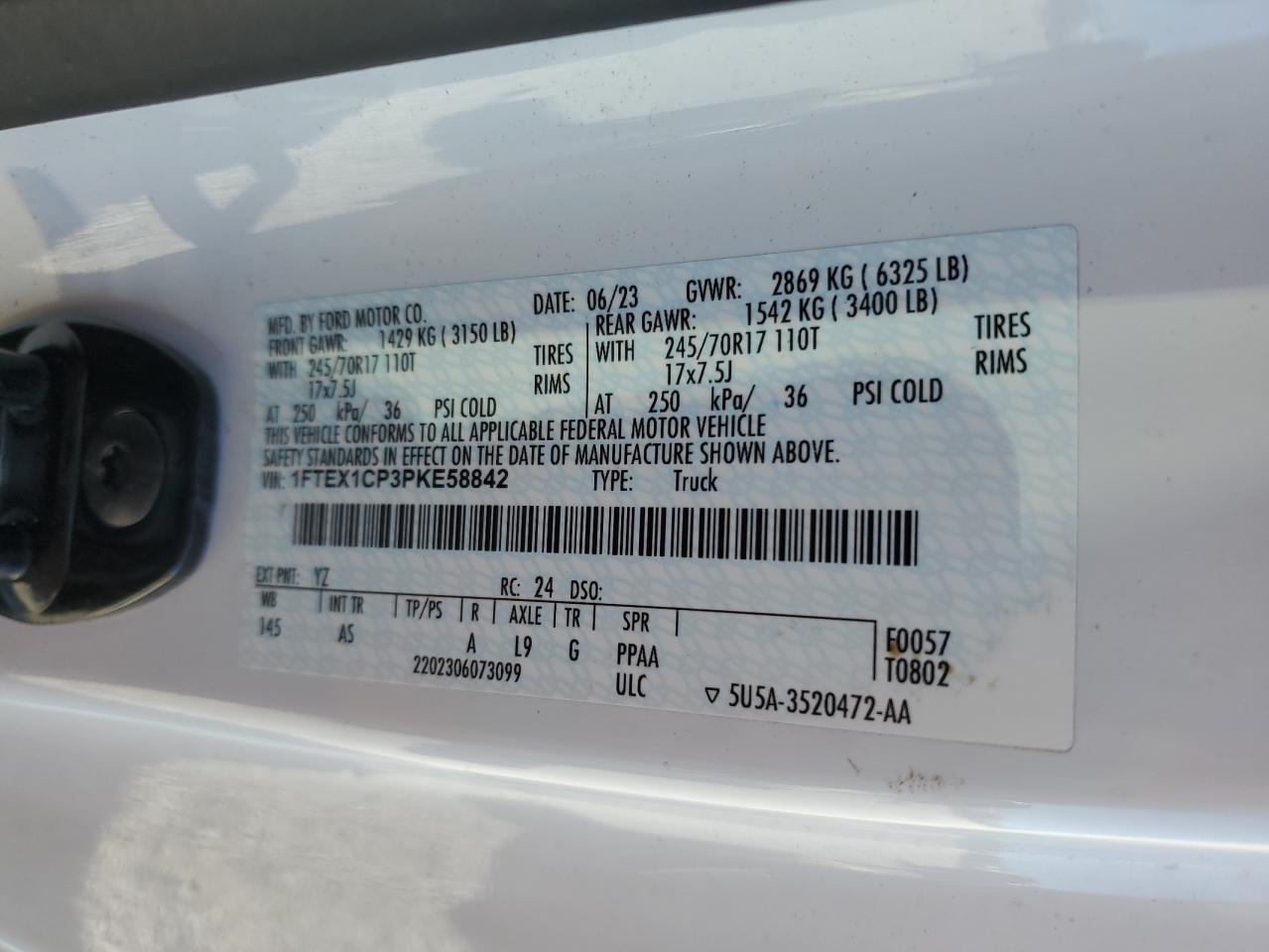 2023 FORD F150 SUPER CAB VIN:1FTEX1CP3PKE58842