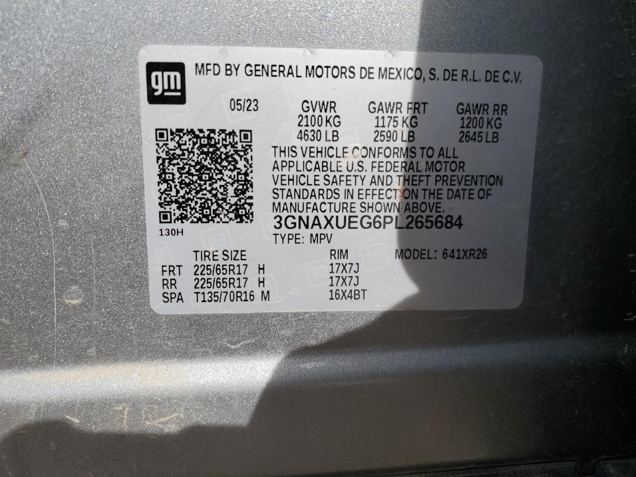 2023 CHEVROLET EQUINOX LT VIN:3GNAXUEG6PL265684