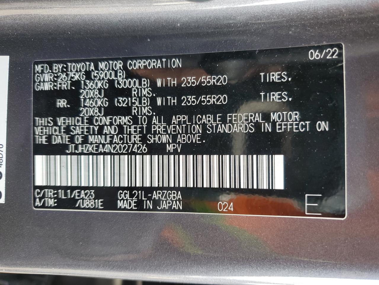 2022 LEXUS RX 350 L VIN:JTJHZKEA4N2027426