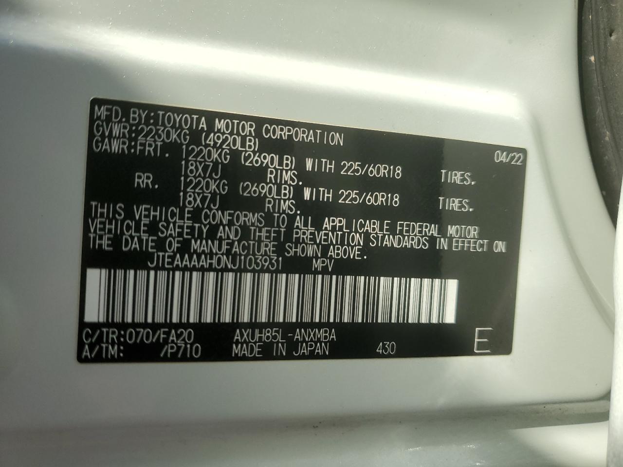 2022 TOYOTA VENZA LE VIN:JTEAAAAH0NJ103931