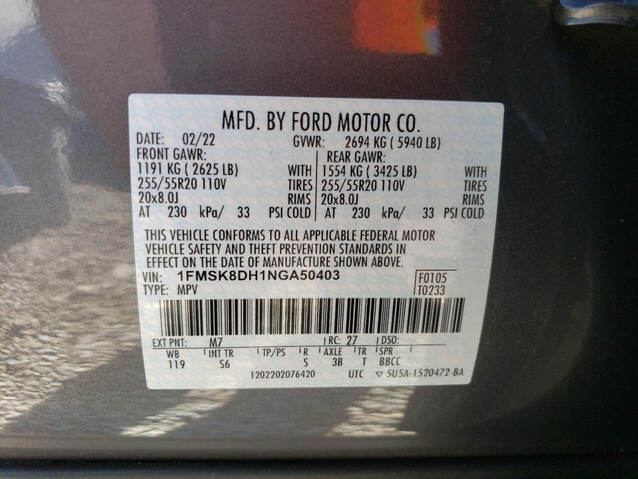 2022 FORD EXPLORER XLT VIN:1FMSK8DH1NGA50403