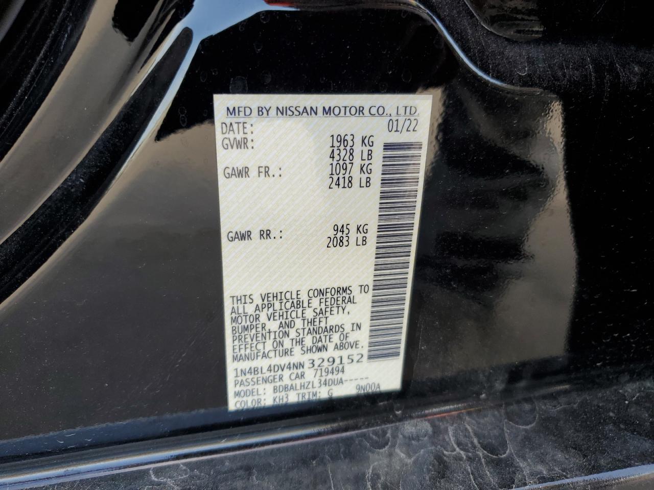 2022 NISSAN ALTIMA SV VIN:1N4BL4DV4NN329152