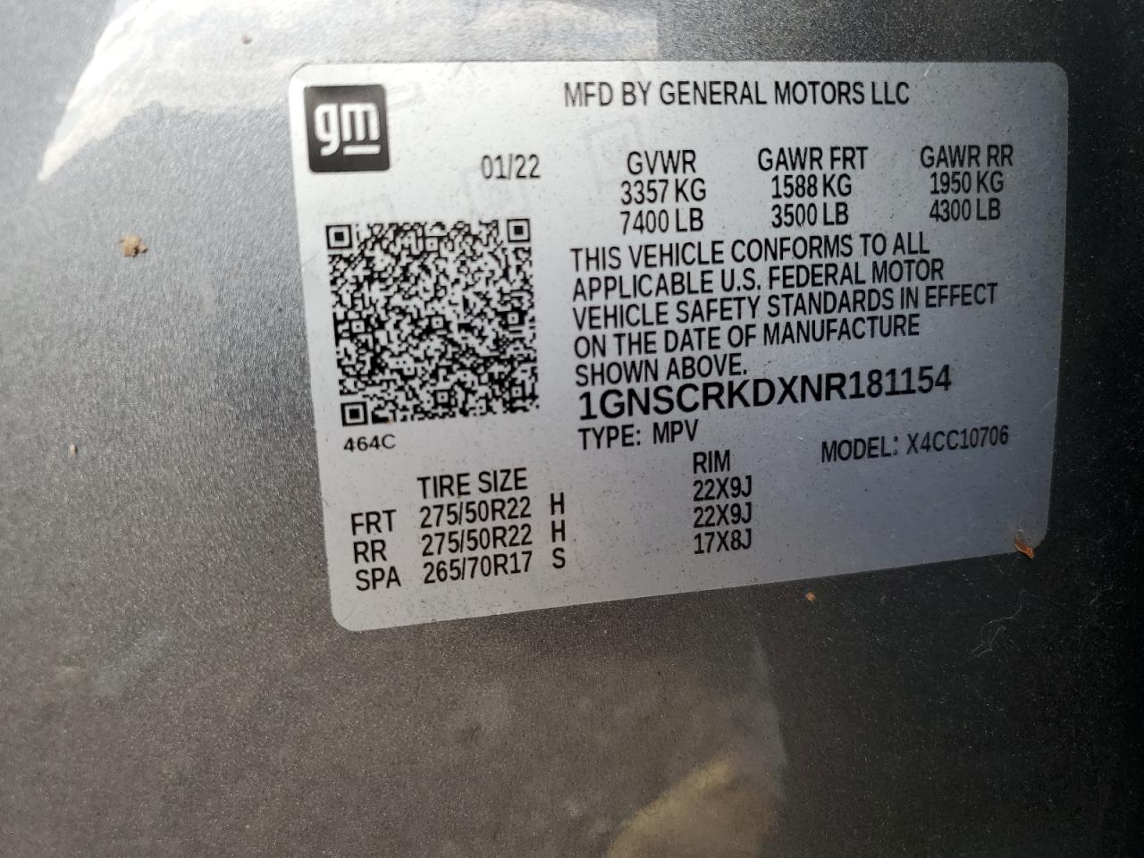 2022 CHEVROLET TAHOE C1500 RST VIN:1GNSCRKDXNR181154