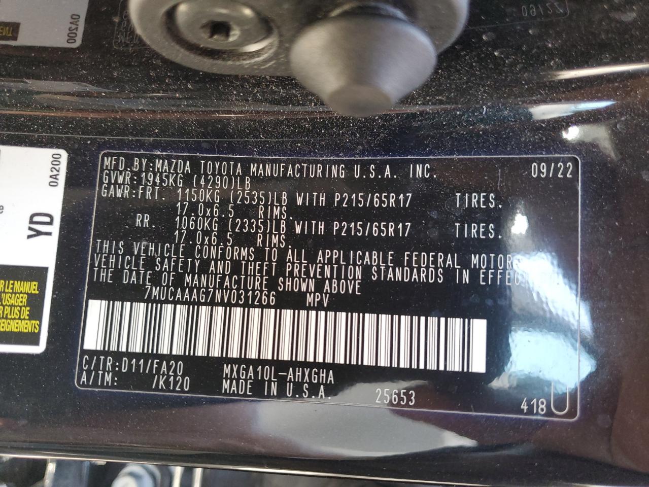 2022 TOYOTA COROLLA CROSS LE VIN:7MUCAAAG7NV031266