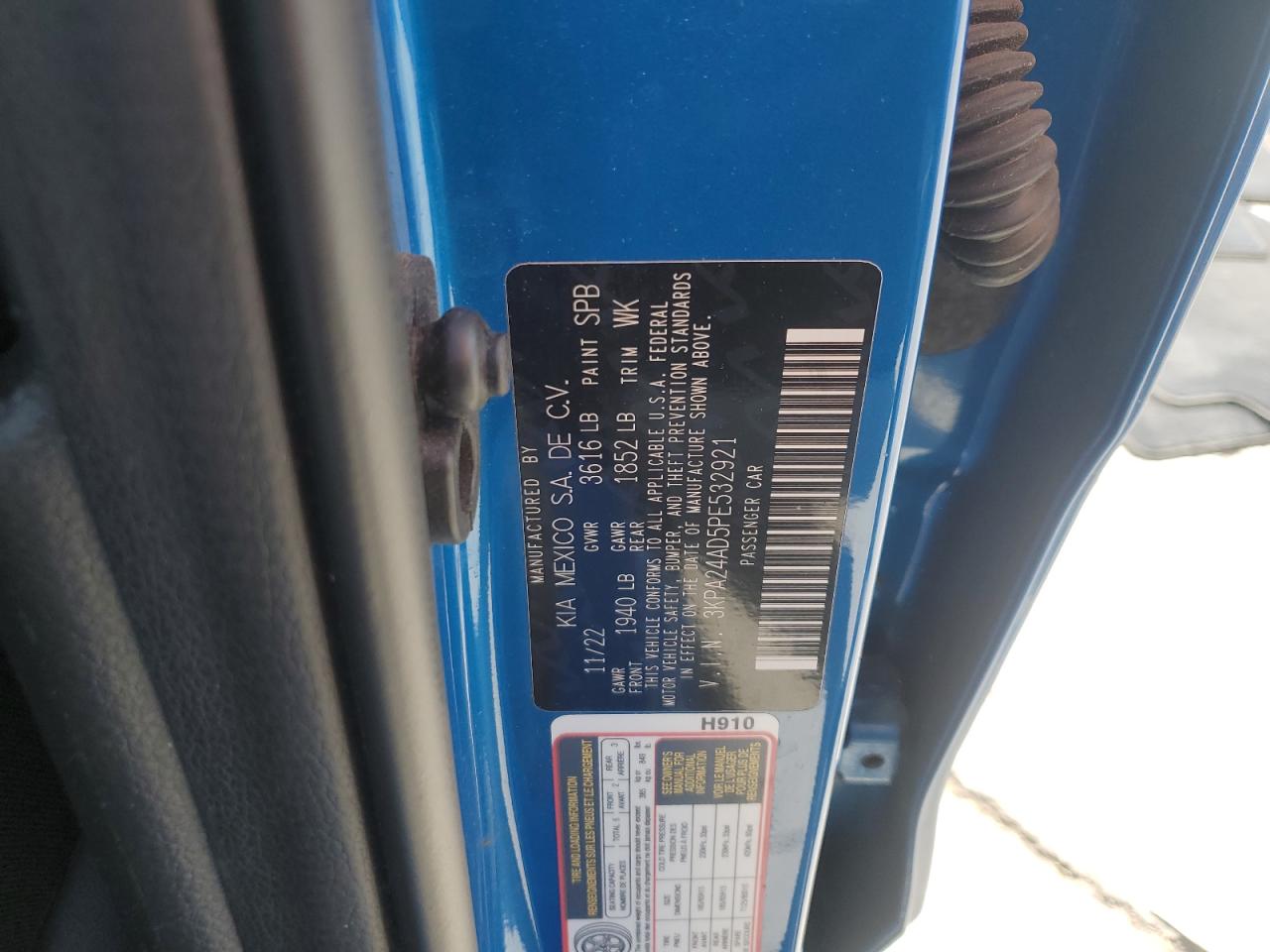 2023 KIA RIO LX VIN:3KPA24AD5PE532921