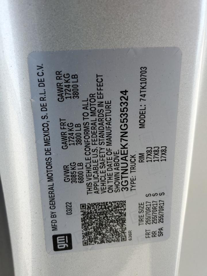 2022 GMC SIERRA K1500 VIN:3GTNUAEK7NG535324