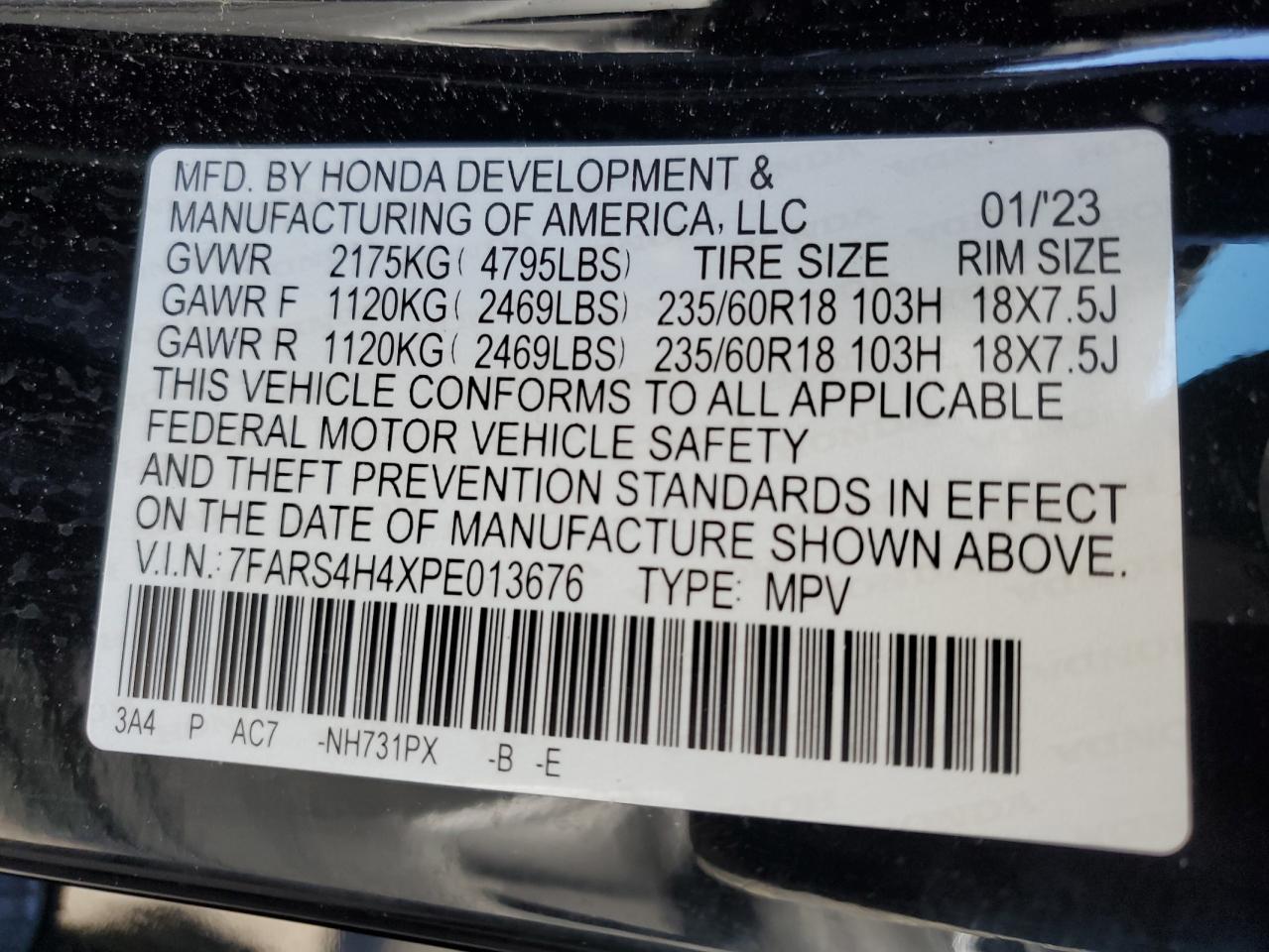 2023 HONDA CR-V EX VIN:7FARS4H4XPE013676